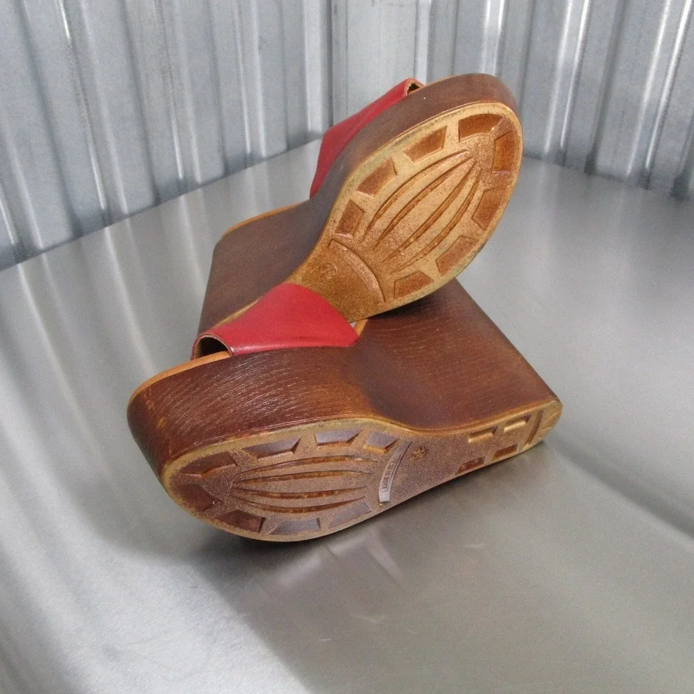 Diego Piacentini Red Leather Wood Platform Wedge Sandals Made in Italy Size 38
